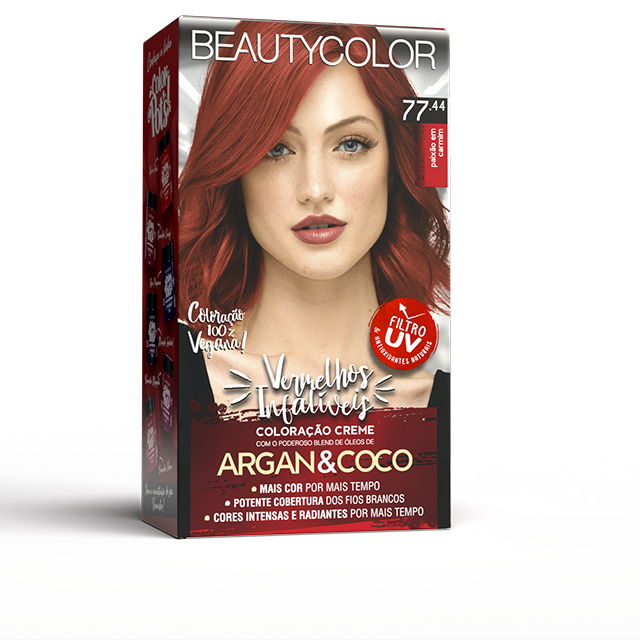 COLORAÇAO CREME PERMANANTE KIT BEAUTY COLOR VI 77.44 PAIXAO EM CARMIM