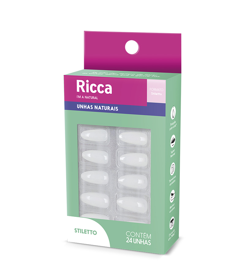 Unha Postiça Ricca Natural Stiletto (24 Unidades)