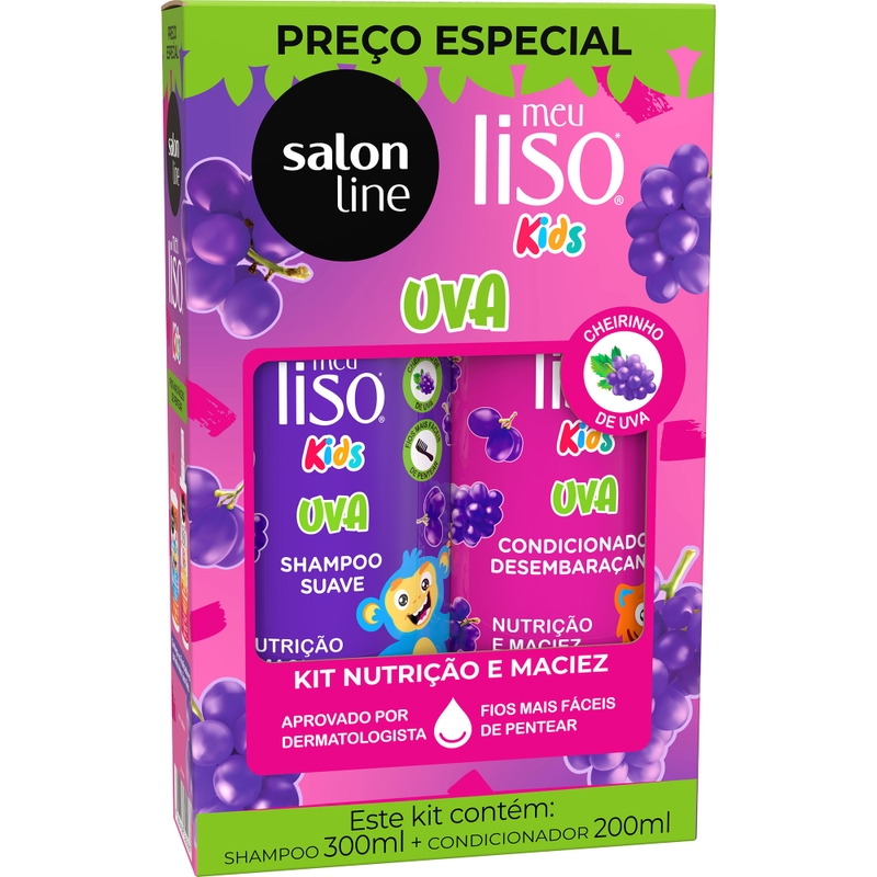 KIT SHAMPOO 300ML + CONDICIONADOR SALON LINE 200ML  MEU LISO KIDS UVA