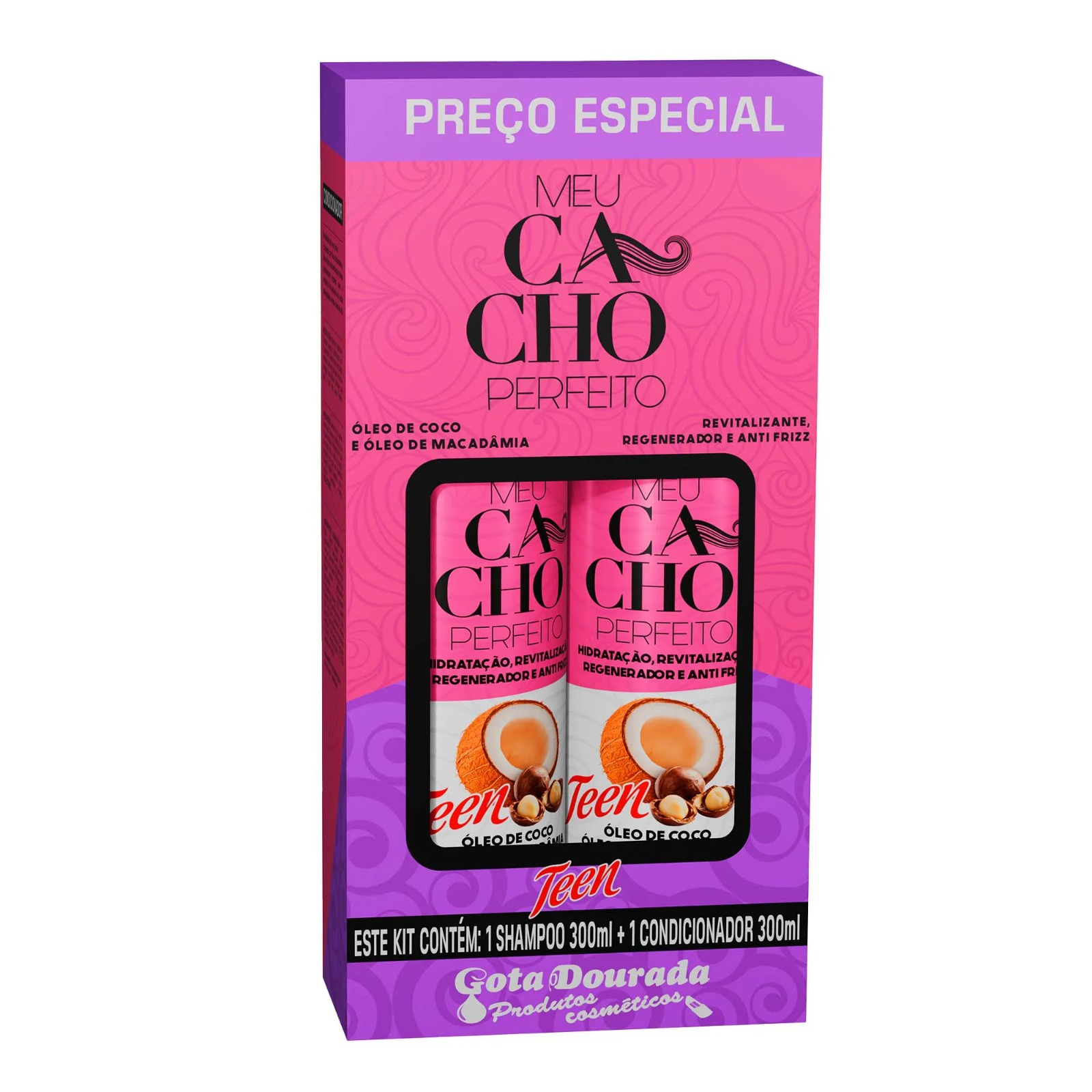 KIT SHAMPOO + CONDICIONADOR ÓLEO DE COCO E ÓLEO DE MACADÂMIA MEU CACHO PERFEITO GOTA DOURADA 300ML