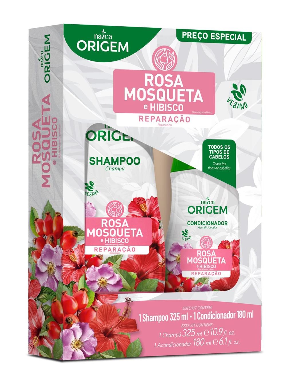 KIT SHAMPOO 325ML + CONDICIONADOR 180ML ROSA MOSQUETA E HIBISCO ORIGEM