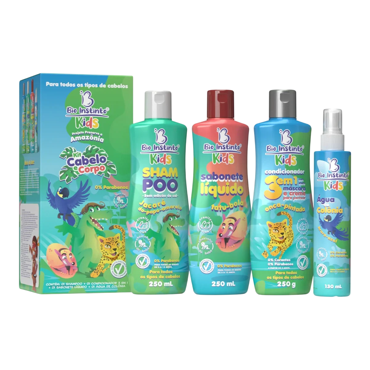 KIT SHAMPOO 250ML + CONDICIONADOR 250ML + SABONETE LÍQUIDO 250ML + ÁGUA DE COLÔNIA 130ML BIO INSTINTO KIDS
