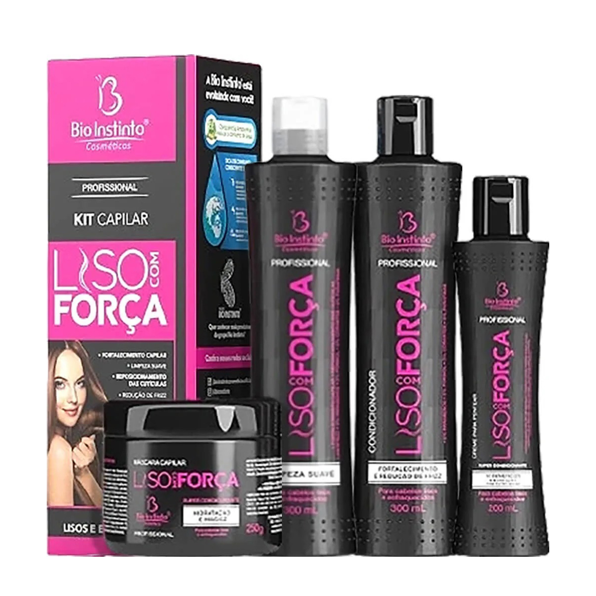 KIT SHAMPOO 300ML + CONDICIONADOR 300ML + MÁSCARA 250G + CREME PARA PENTEAR 200ML BIO INSTINTO LISO COM FORÇA
