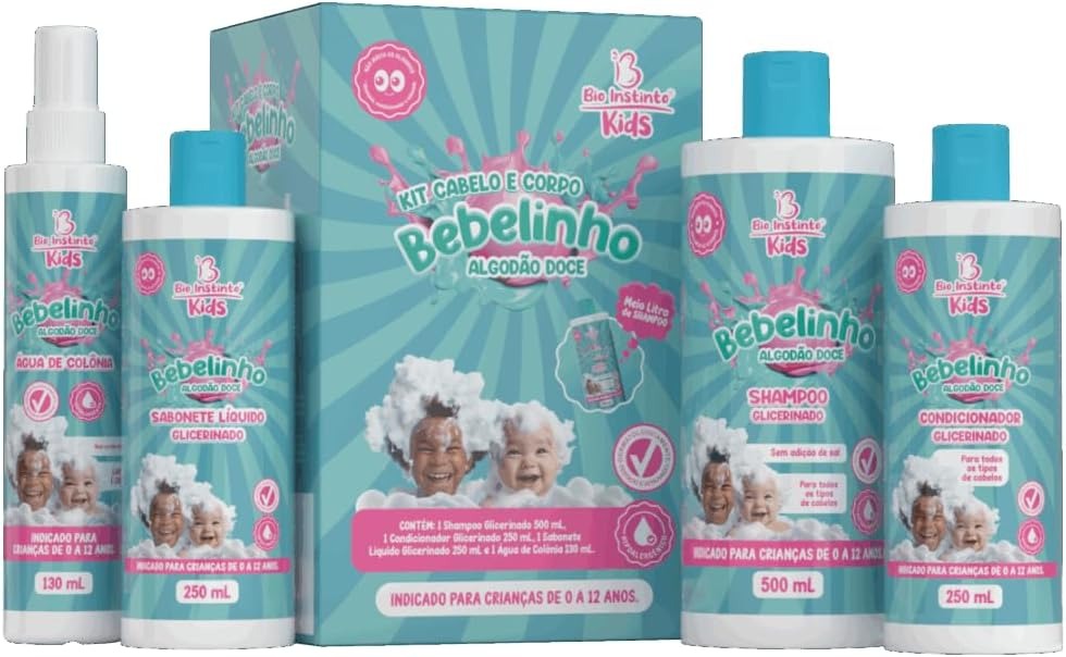 KIT SHAMPOO 500ML + CONDICIONADOR 250ML + SABONETE LÍQUIDO 250ML + ÁGUA DE COLÔNIA 130ML BIO INSTINTO KIDS ALGODÃO DOCE