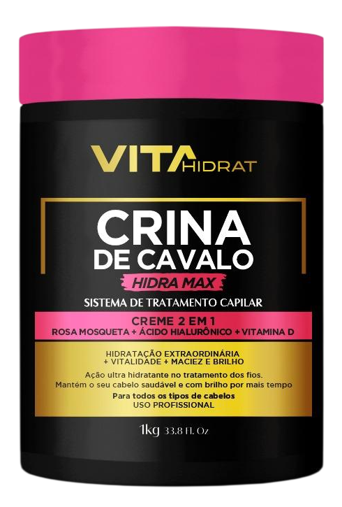 O Creme 2 em 1 Vitahidrat Crina de Cavalo Hidra Max pode ser usado como condicionador ou creme de tratamento, promovendo hidratação intensa, fortalecimento e auxílio no crescimento saudável dos fios. Sua fórmula com ativos como biotina, pantenol  1kg