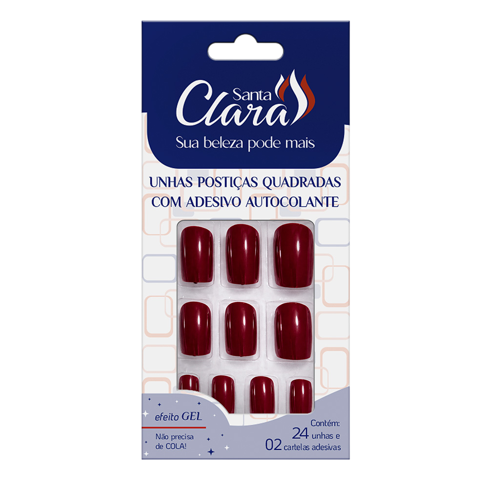 Unhas Postiças Autocolante Santa Clara Quadradas Vinho - 24 Unidades