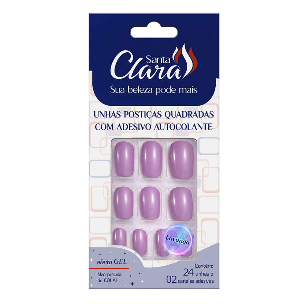 Unhas Postiças Autocolante Santa Clara Quadrada Lavanda - 24 Unidades