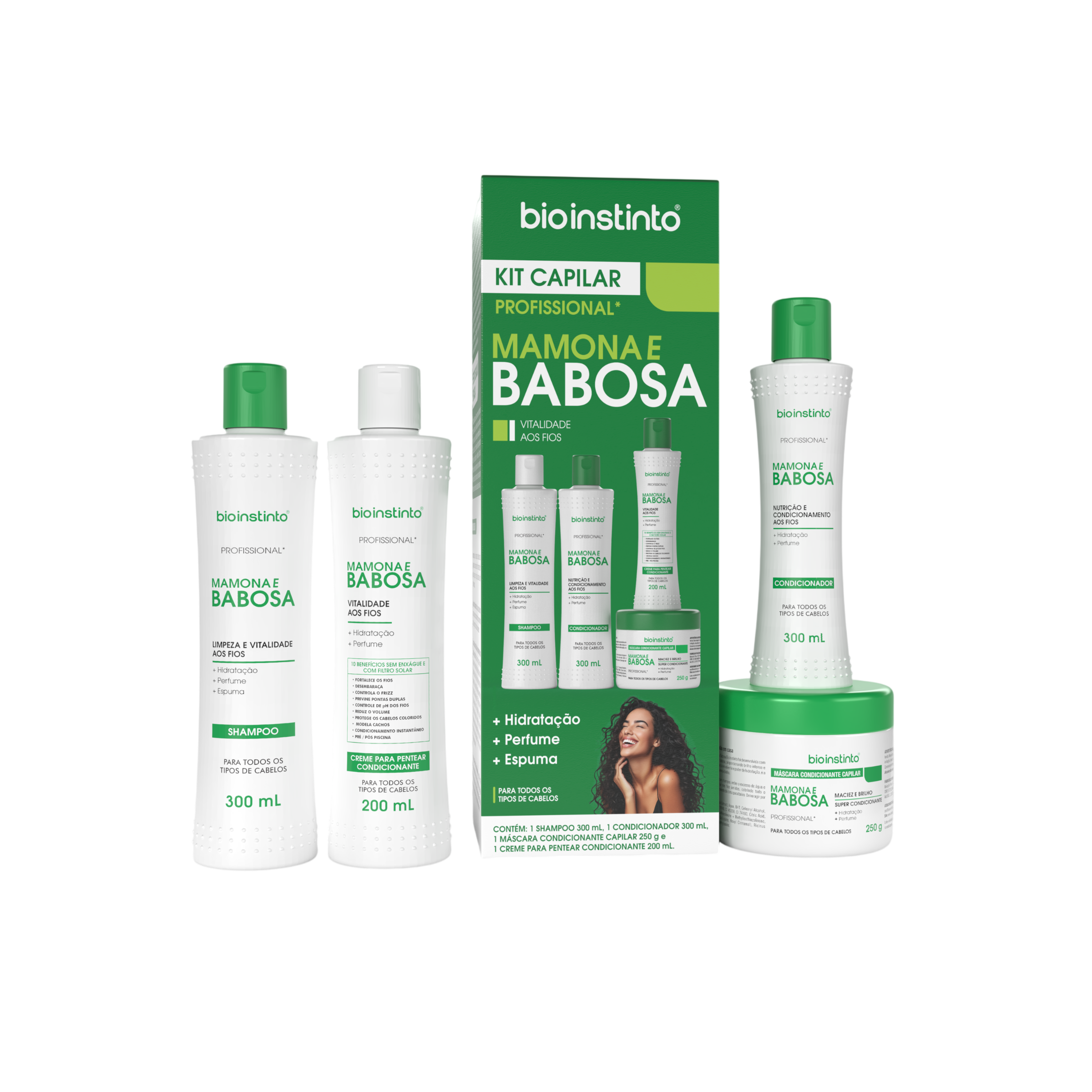 Kit Shampoo 300ml + Condicionador 300ml + Máscara 250g + Creme para Pentear 200ml Bio Instinto Mamona e Babosa
