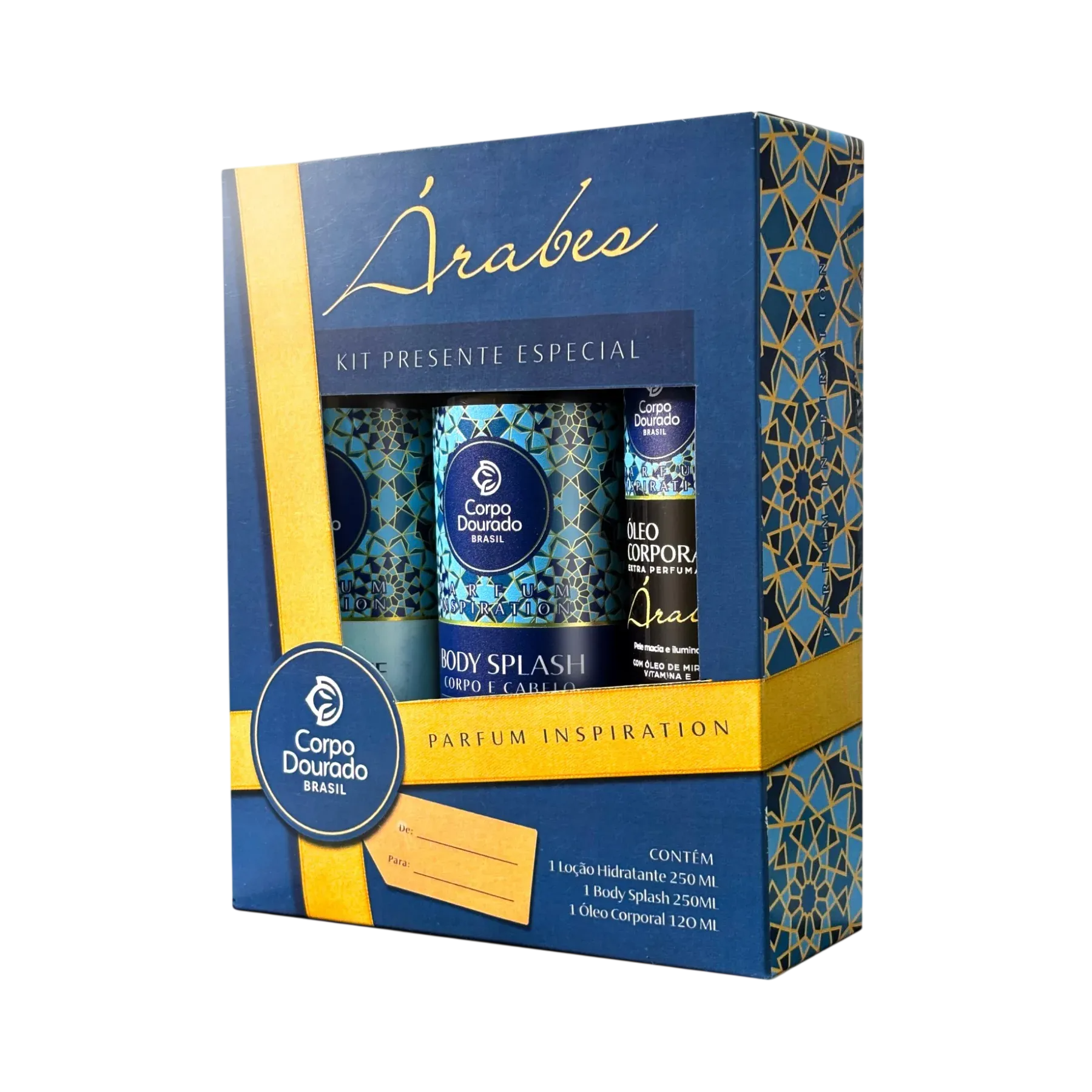 Kit Hidratante 250ml + Body Splash 250ml + Óleo Corporal 120ml Corpo Dourado Árabes