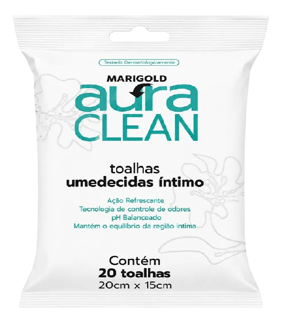 Toalha Umedecida Marigold Aura Clean Íntimo com 20 Unidades