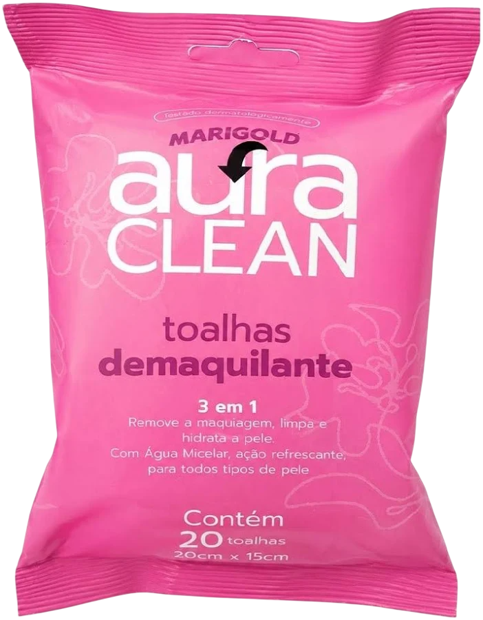 Toalha Umedecida Marigold Aura Clean Demaquilante com 20 Unidades