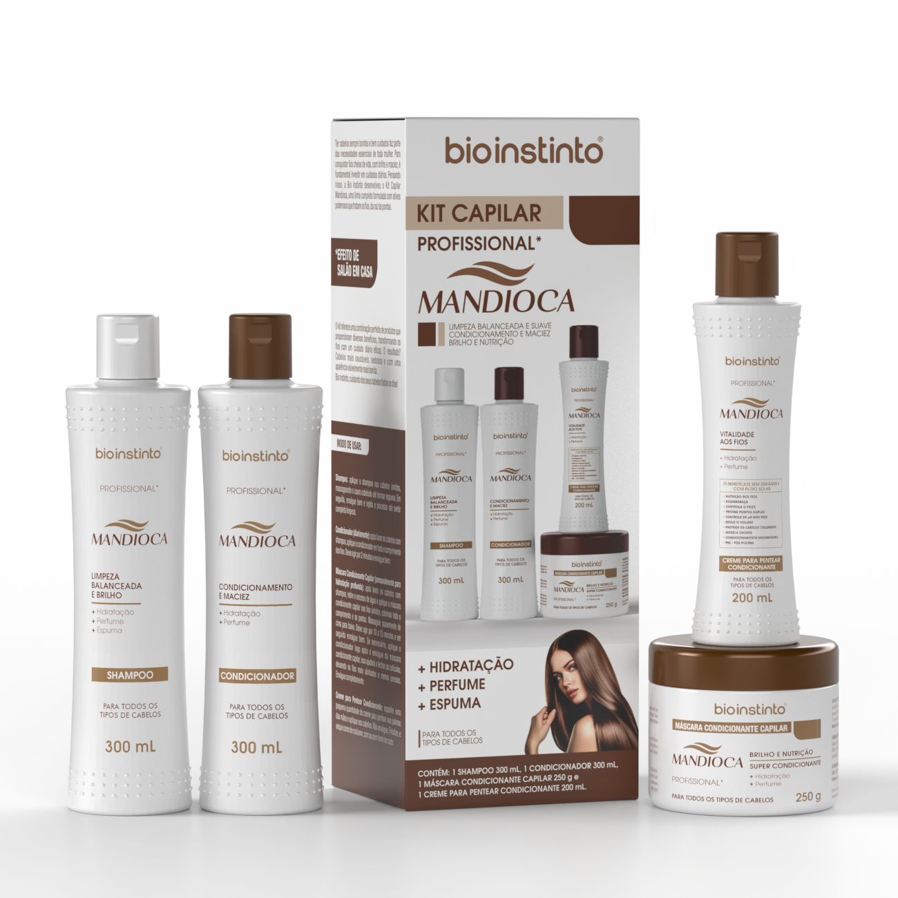 Kit Shampoo 300ml + Condicionador 300ml + Máscara 250g + Creme para Pentear 200ml  Bio Instinto Mandioca