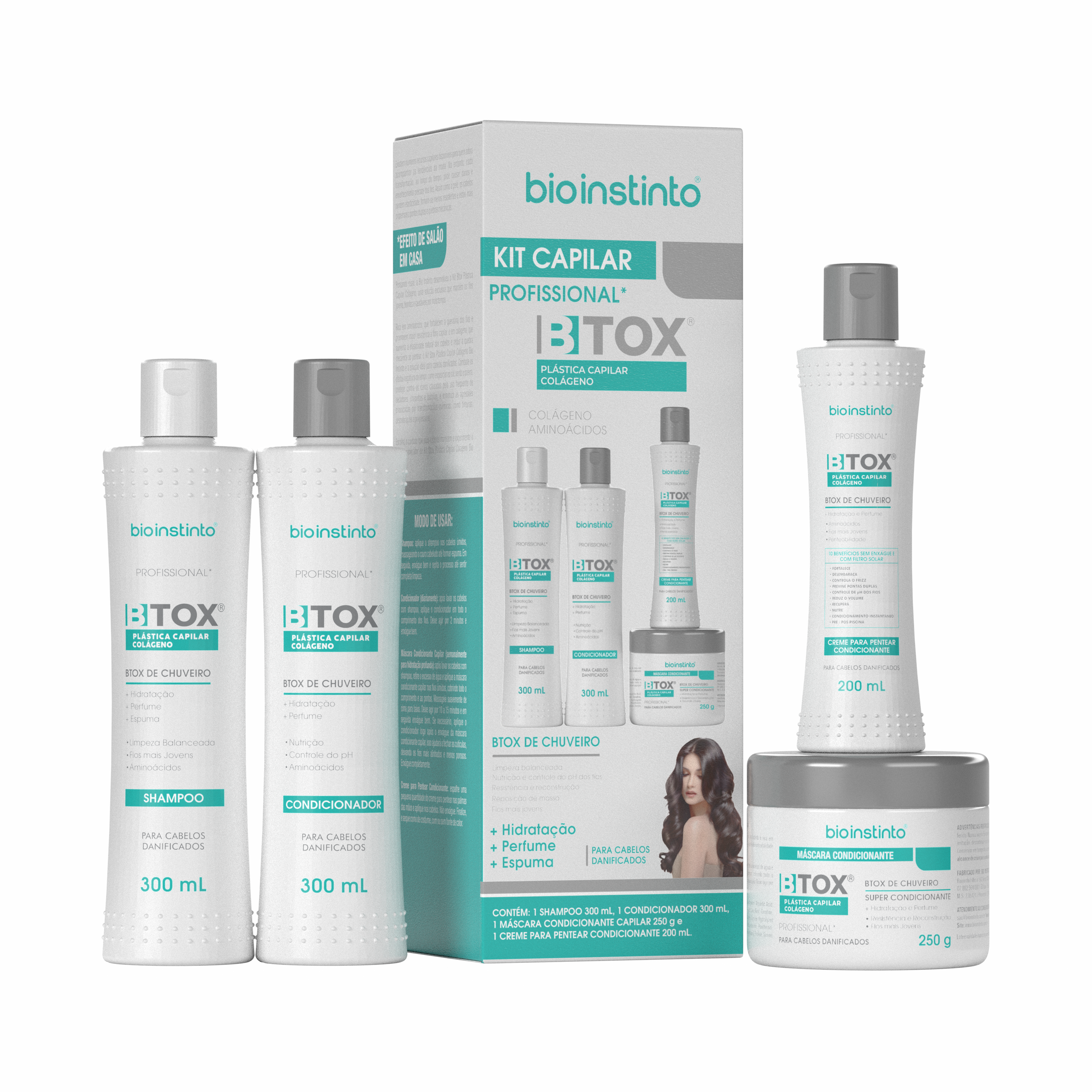 Kit Shampoo 300ml + Condicionador 300ml + Máscara 250g + Creme para Pentear 200ml Botox Plastica Capilar Colageno