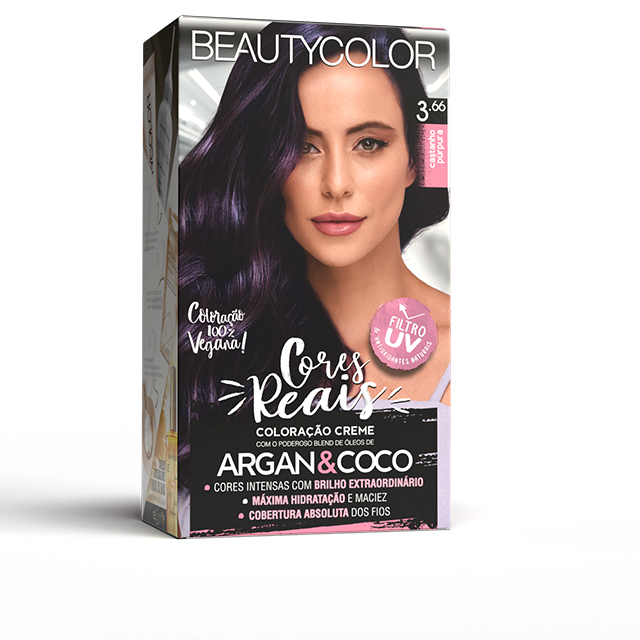 COLORAÇAO CREME PERMANANTE KIT BEAUTYCOLORAÇAOOR 3.66 CASTANHO PURPURA